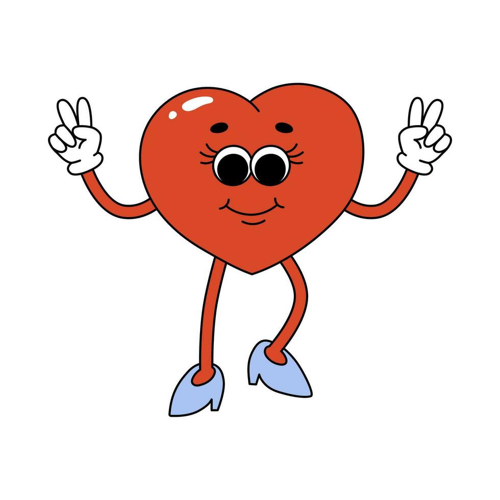 Groovy hippie heart character. Cartoon character in trendy retro style for Valentines day design. Love concept. Isolated vector illustration