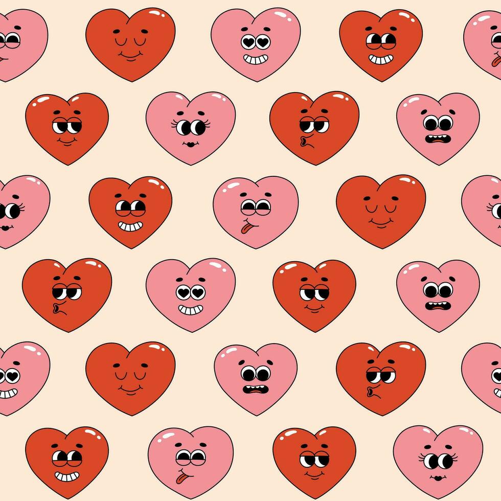 Seamless pattern of groovy hippie hearts. Cartoon characters in trendy retro style on pink background. Vector illustration
