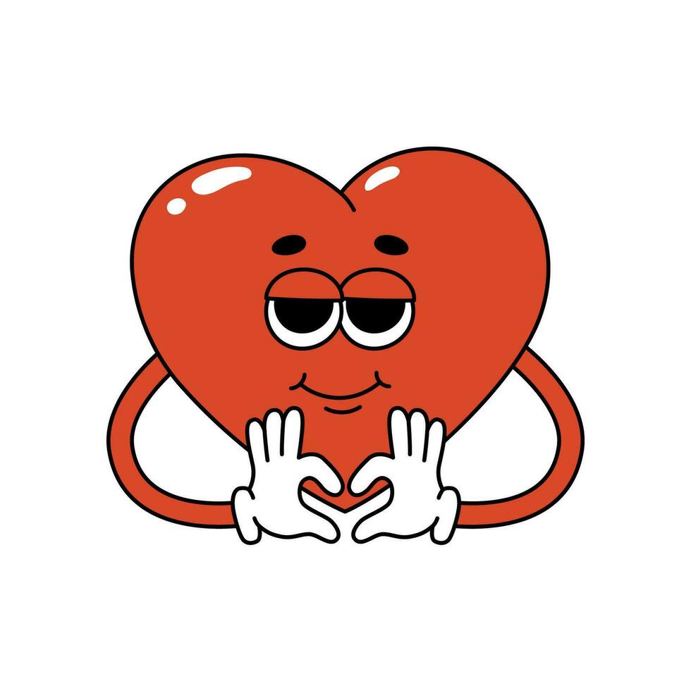 Groovy hippie red heart character. Cartoon character in trendy retro style for Valentines day design. Love concept. Isolated vector illustration