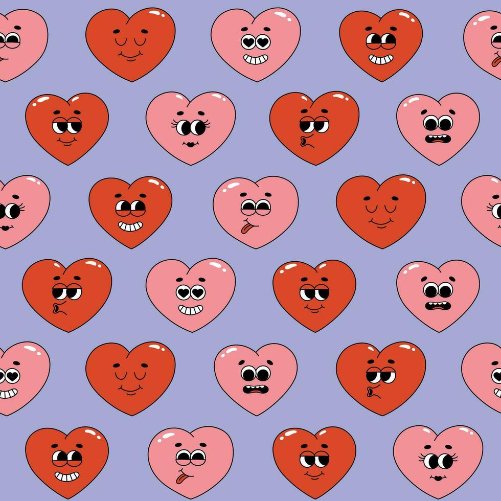 Seamless pattern of groovy hippie hearts. Cartoon characters in trendy retro style on blue background. Vector illustration