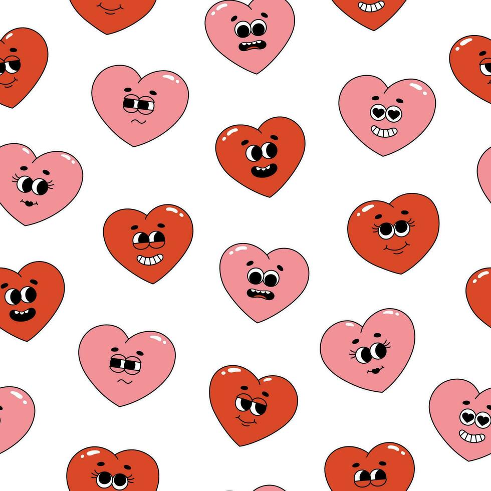 Seamless pattern of groovy hippie hearts. Cartoon characters in trendy retro style on white background. Vector illustration