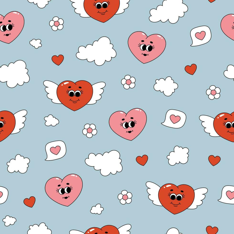 Seamless pattern of groovy hearts, flowers and clouds. Cartoon characters and elements in trendy retro style on blue background. Vector illustration