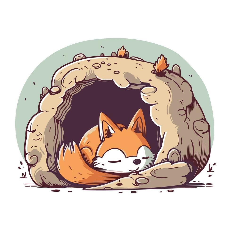 Cute fox sleeping in a cave. Vector illustration in cartoon style.