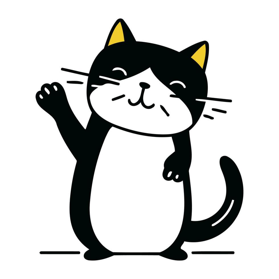 Cute cartoon cat. Black and white vector illustration isolated on white background.