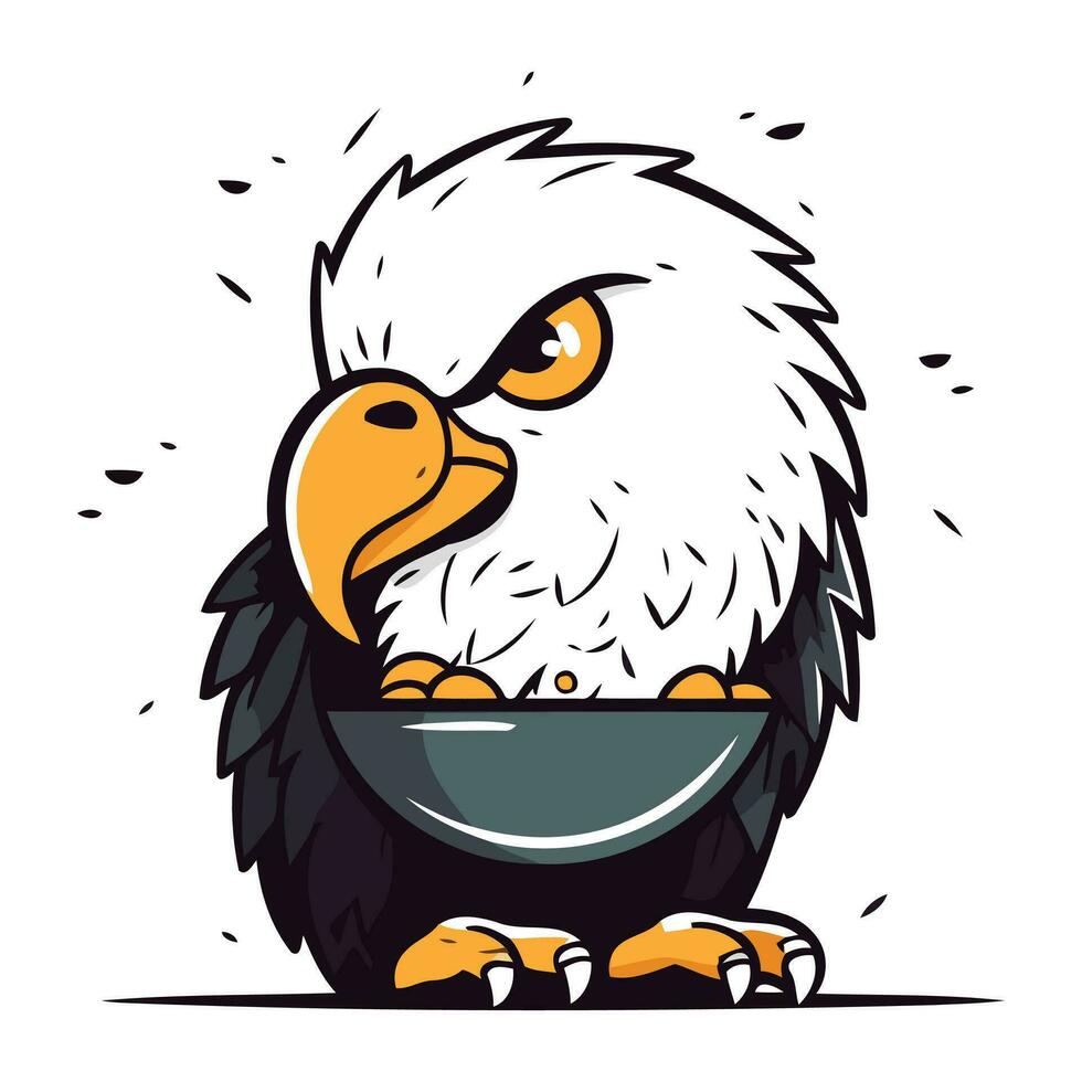 Eagle cartoon mascot with bowl of food. Vector illustration on white background.