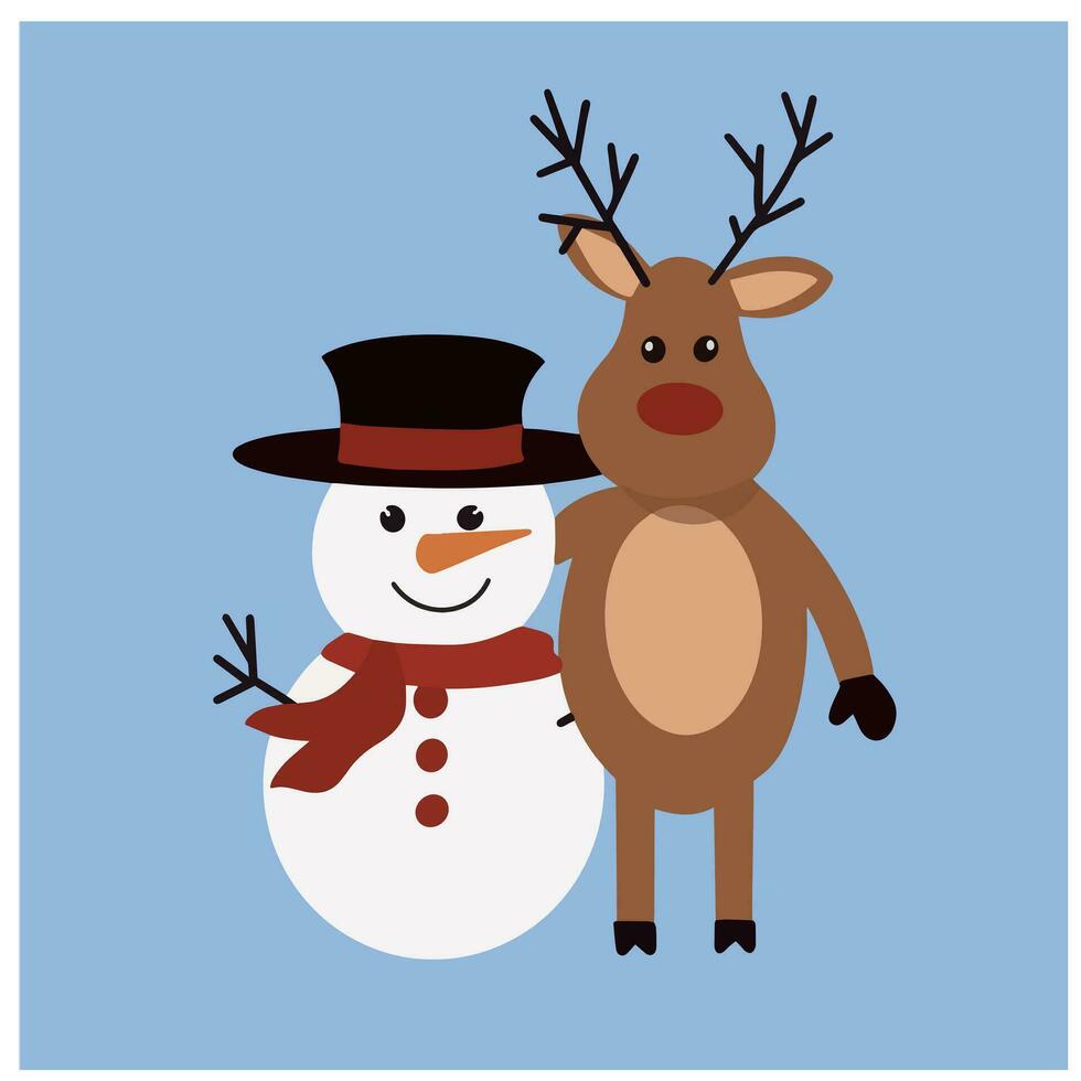 Snowman and deer celebrate Xmas Christmas vector