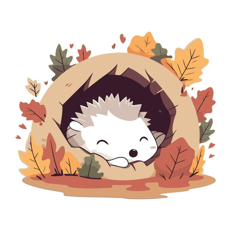 Cute hedgehog in a hole with autumn leaves. Vector illustration