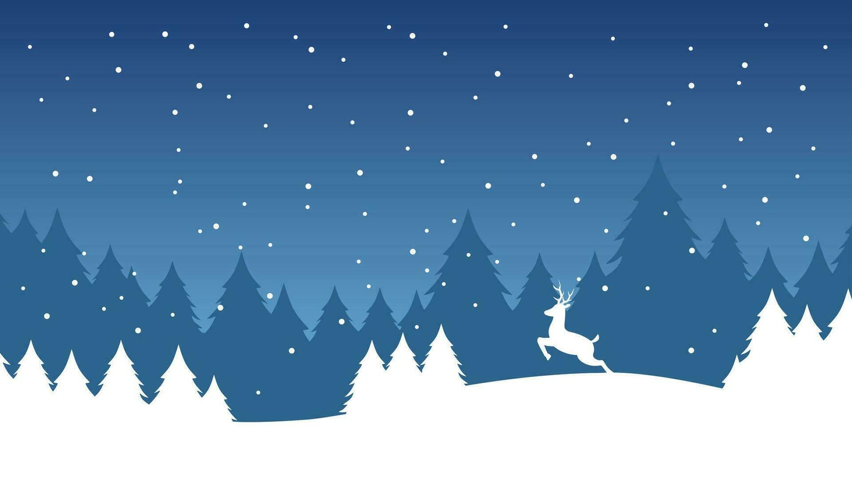 Winter season landscape vector illustration. Winter background of reindeer in snowy pine forest. Silhouette of cold season landscape for background or wallpaper