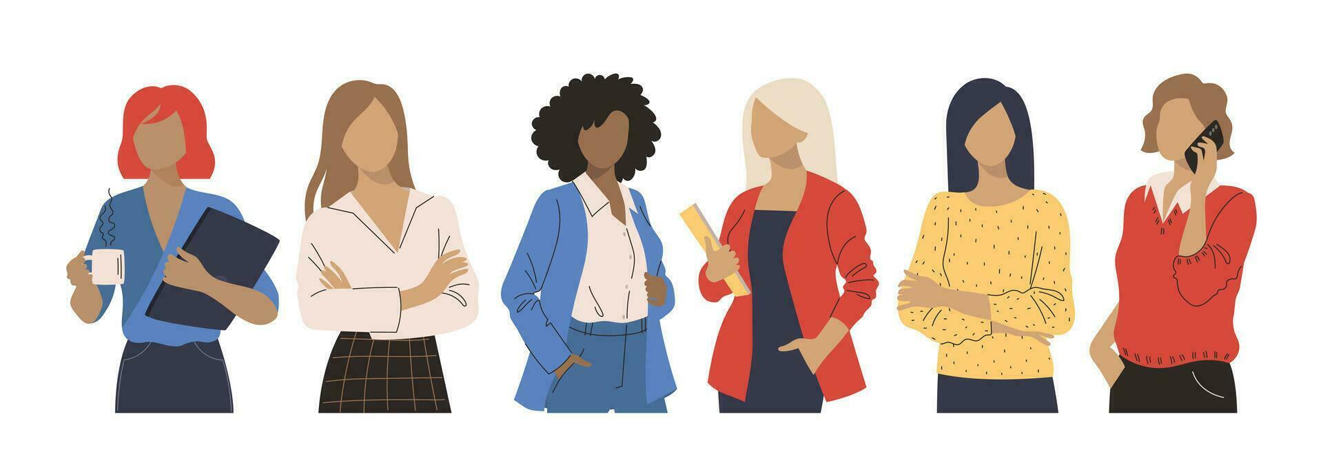 Collection of business women. Vector illustration of diverse multiethnic women in office outfits. Isolated on white