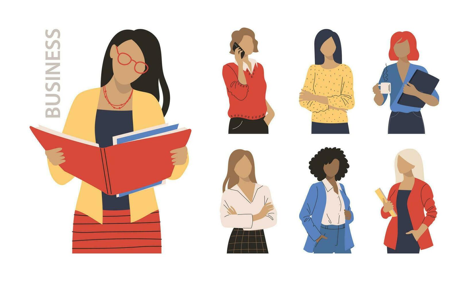Collection of business women. Vector illustration of diverse multiethnic women in office outfits. Business lady isolated on white