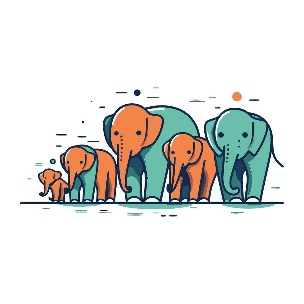 Vector illustration of group of elephants on white background. Line art style.