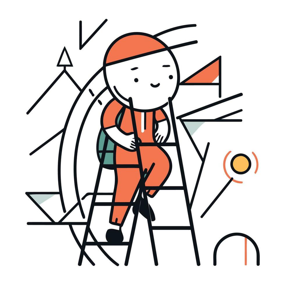 Funny little boy climbing the ladder. Flat line style vector illustration.