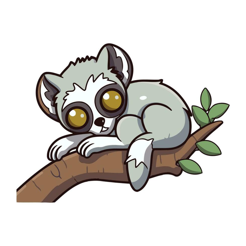 Cute cartoon lemur sleeping on a branch. Vector illustration.