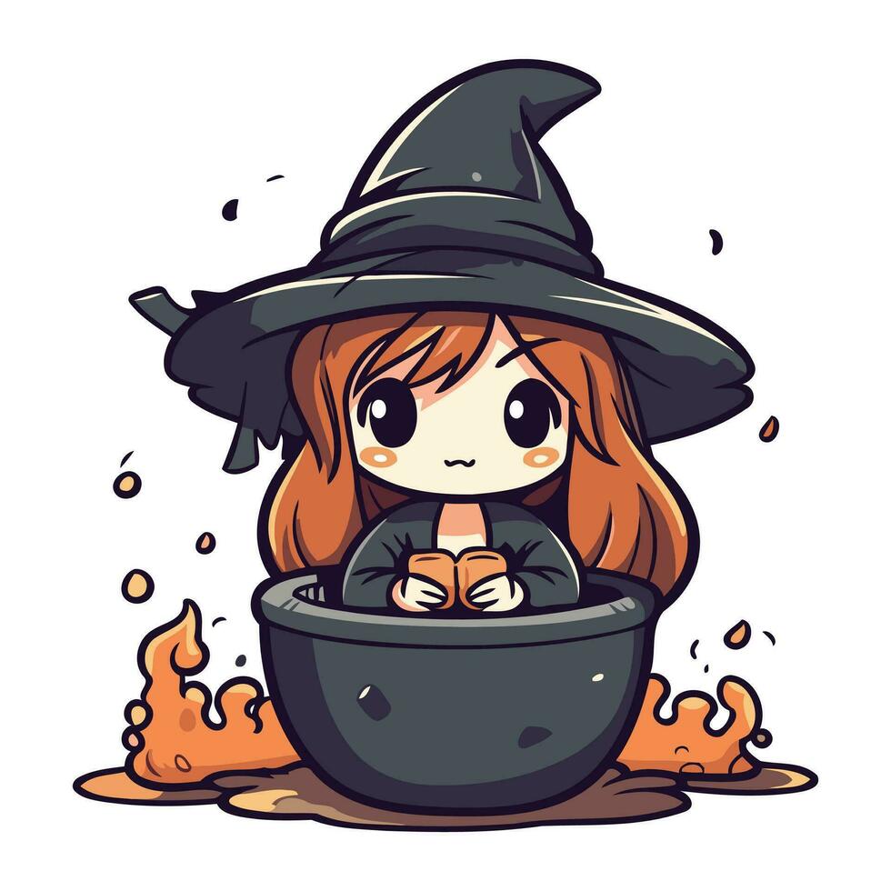 Cute little witch girl with a pot of potion. Vector illustration.