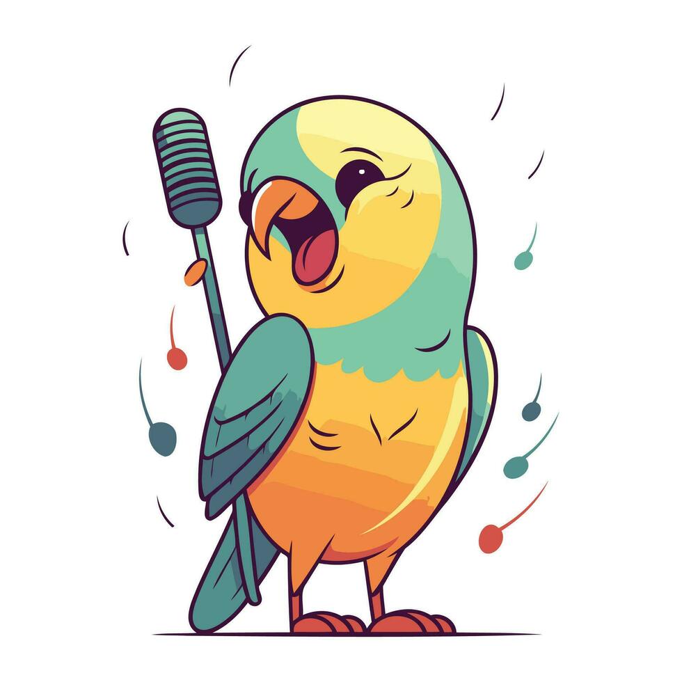 Cute cartoon parrot singing song with microphone. Vector illustration.