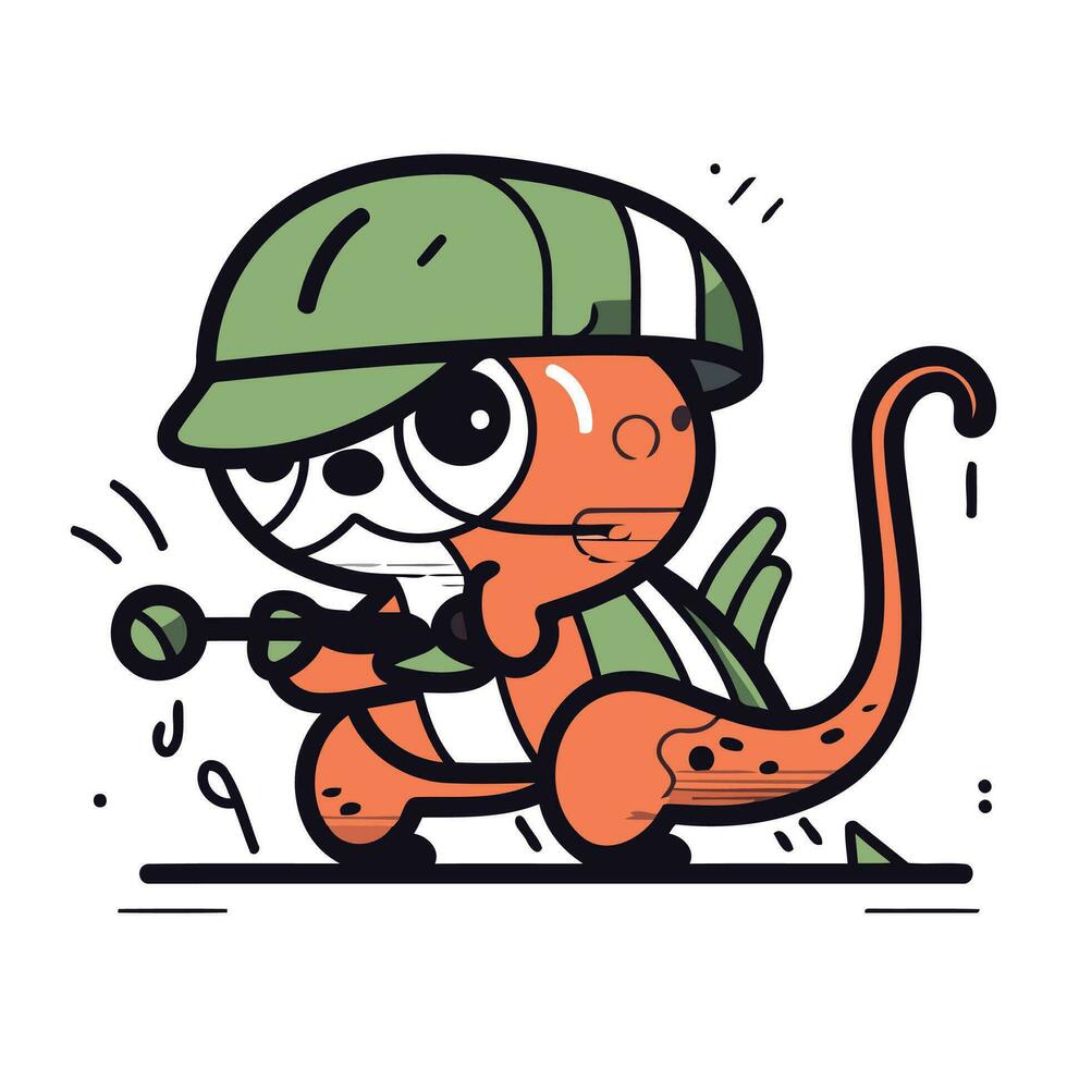 Vector illustration of cute cartoon monster in helmet and with baseball bat.