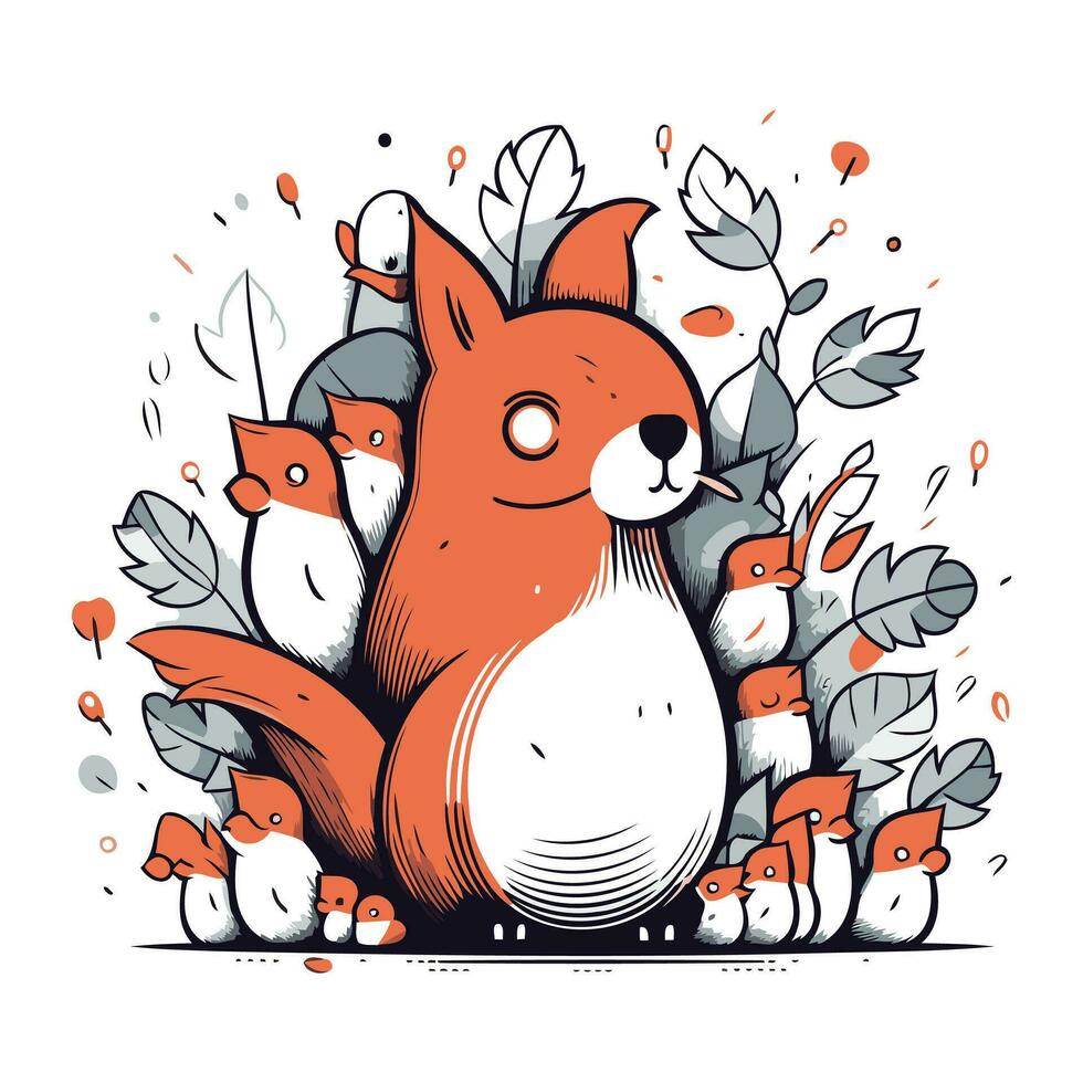 Hand drawn vector illustration of a cute squirrel in a forest with leaves.