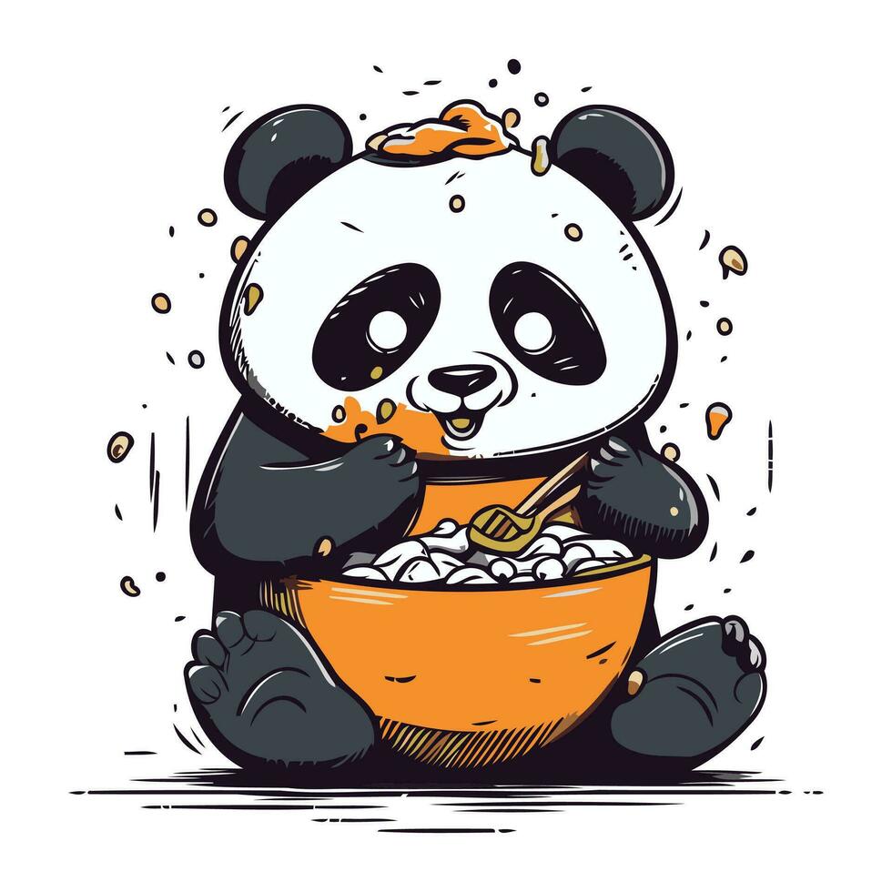 panda oso comiendo desde un cuenco de papilla. vector ilustración.