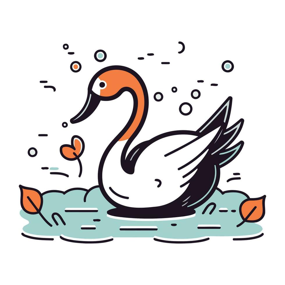 Vector illustration of a swan swimming in the lake. Line art.