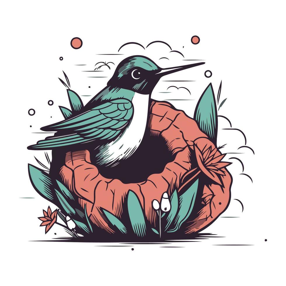 Hand drawn vector illustration of a little bird sitting in a nest.