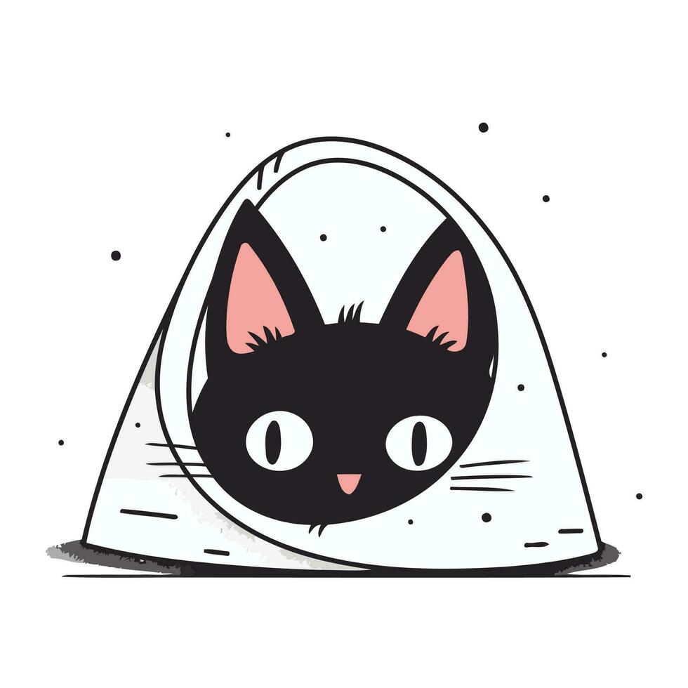 Cute black cat in a white bag. Hand drawn vector illustration.