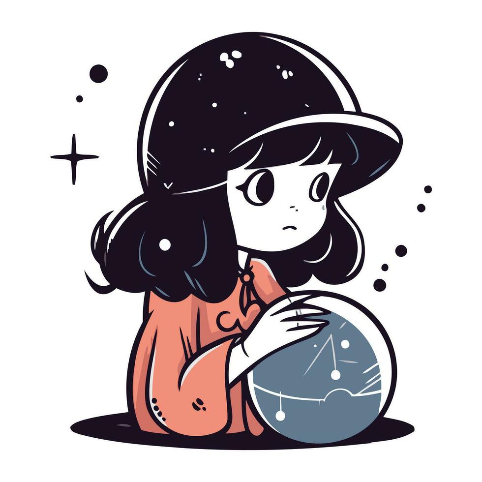 Cute little girl in a cap with a globe. Vector illustration.