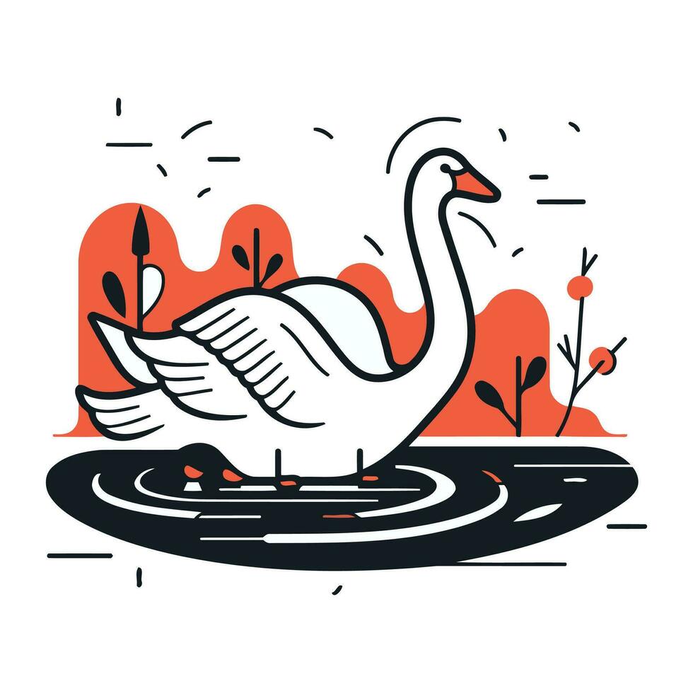 Vector illustration of a swan swimming in a pond. Black and white colors.