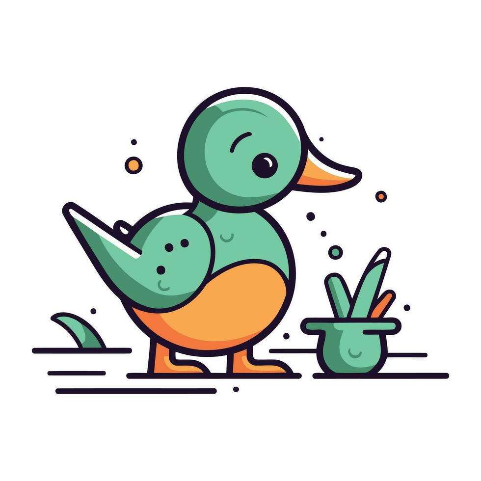 Pato con un maceta de agua. vector ilustración en plano estilo.