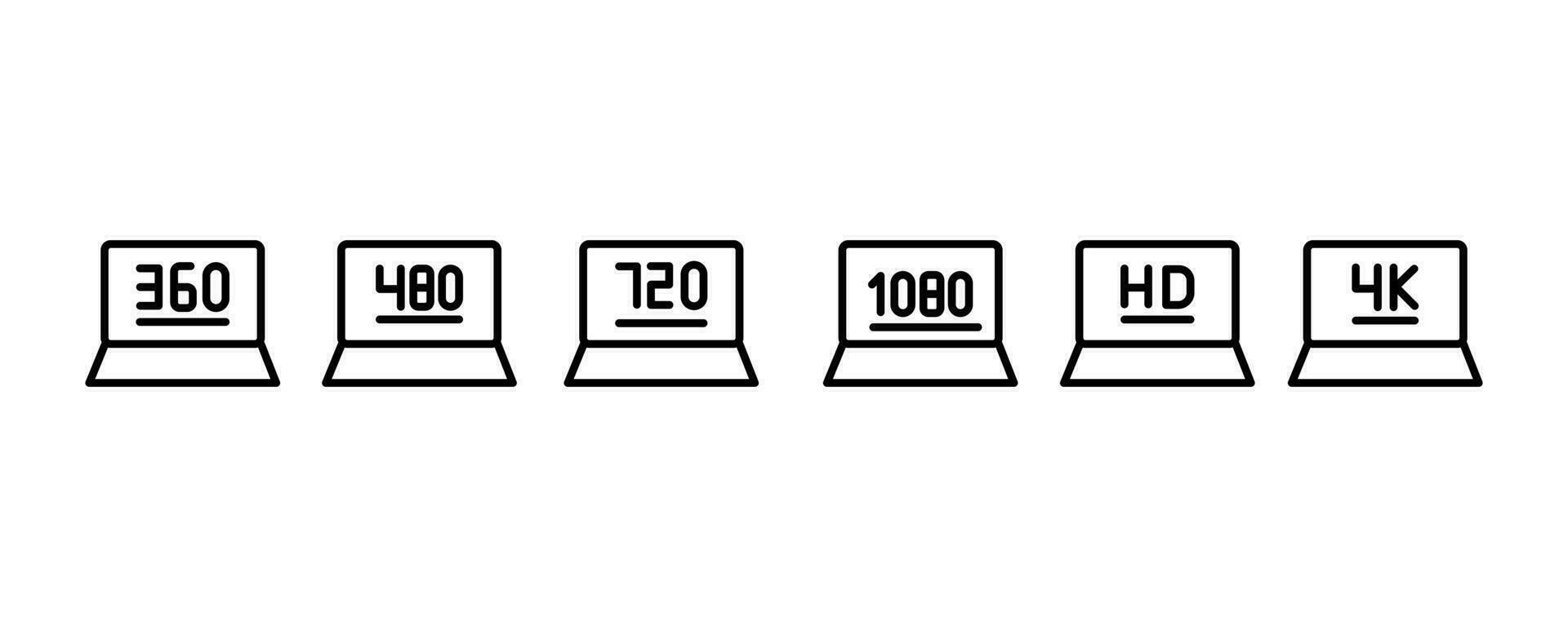 Collection of screen resolution icons on laptop. Monitor size symbols.360,480,720,1080, Hd, 4K, screen and TV quality. Vector illustration.. isolated on white background.