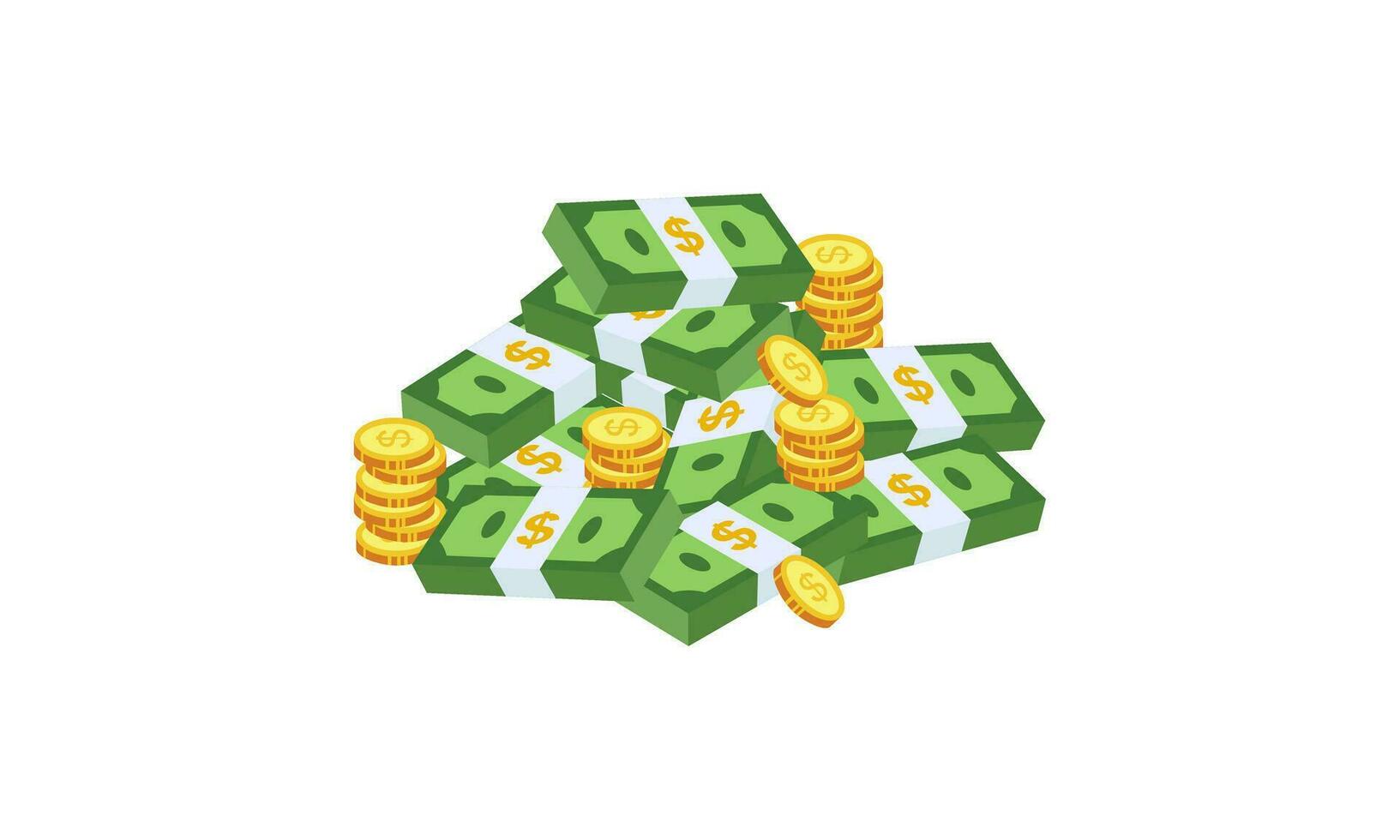 Big pile of cash money and some gold coins. Heap of packed dollar bills. This logo can be easily app vector