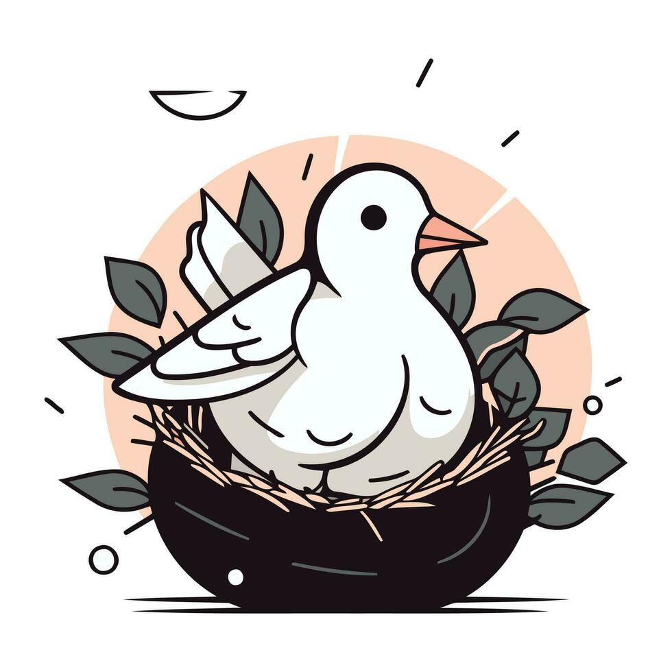 Vector illustration of a white dove in a nest with leaves on a white background.