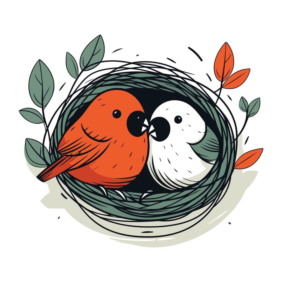 Hand drawn vector illustration of a couple of birds in a nest.