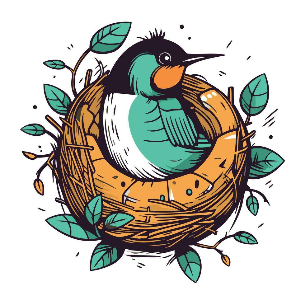 Hand drawn vector illustration of a robin bird in a nest.