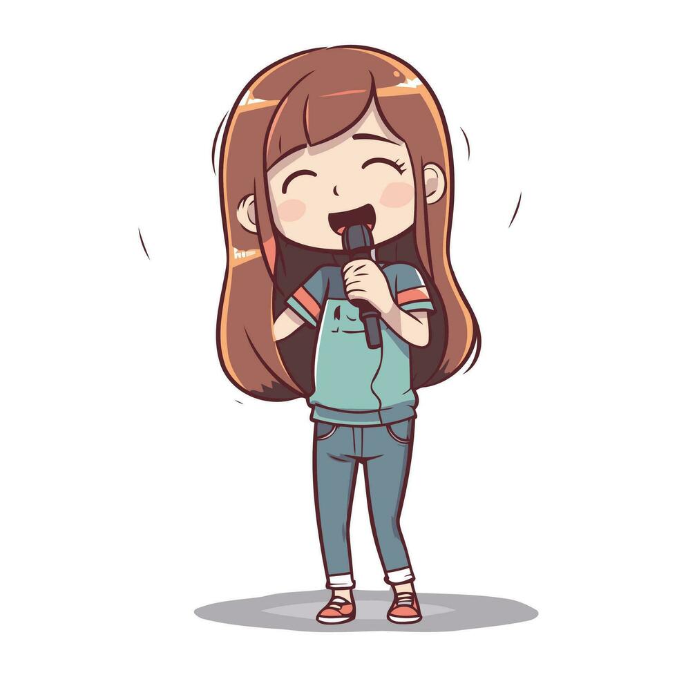 Cute little girl singing karaoke with microphone. Vector illustration.