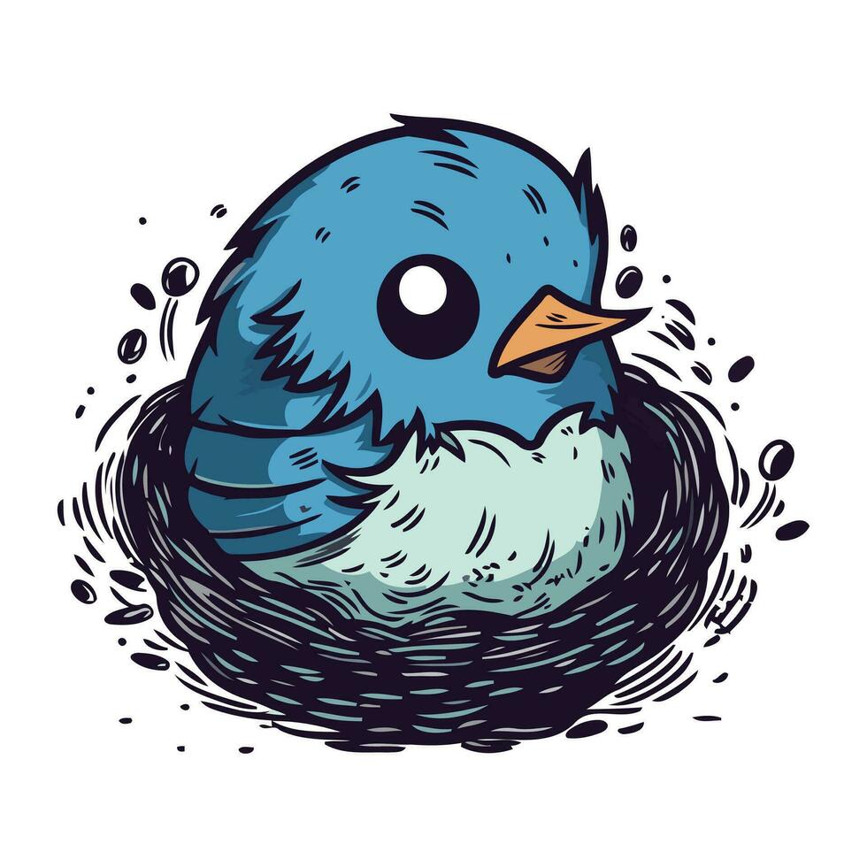 Cute blue bird in the nest. Vector illustration in cartoon style.