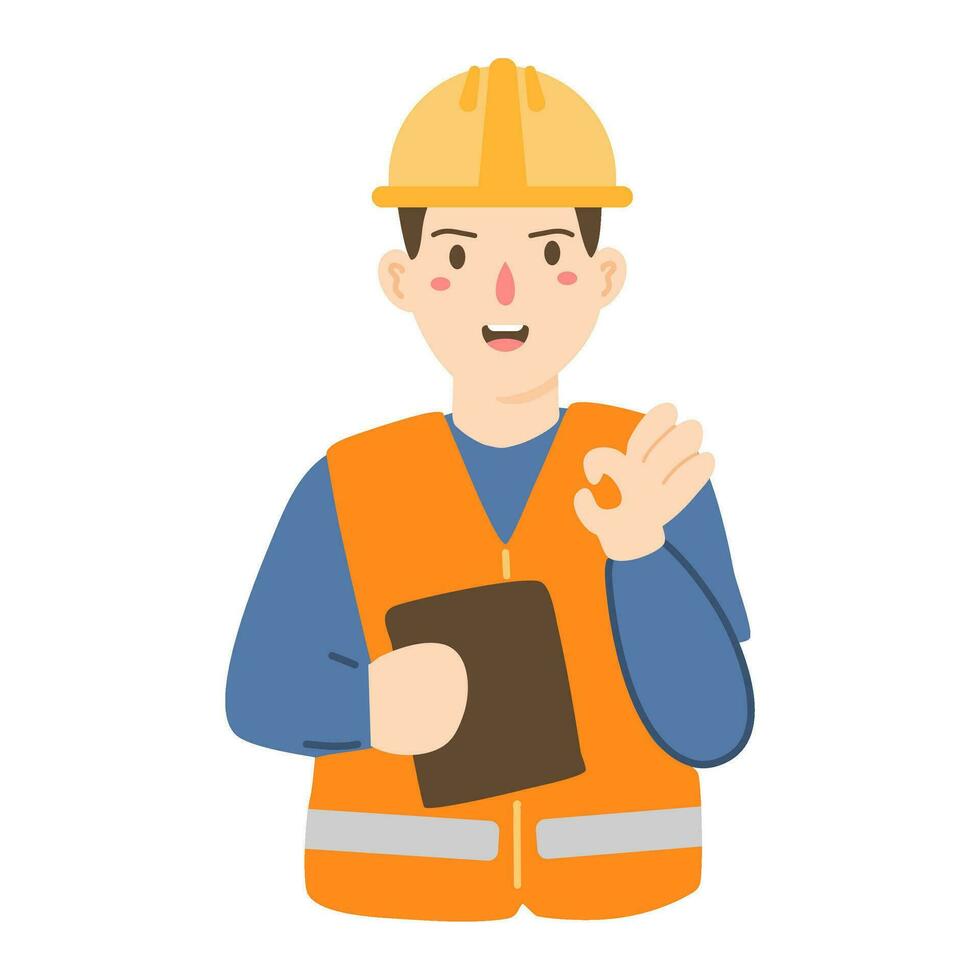construction worker wearing safety helmet and safety vest holding vector