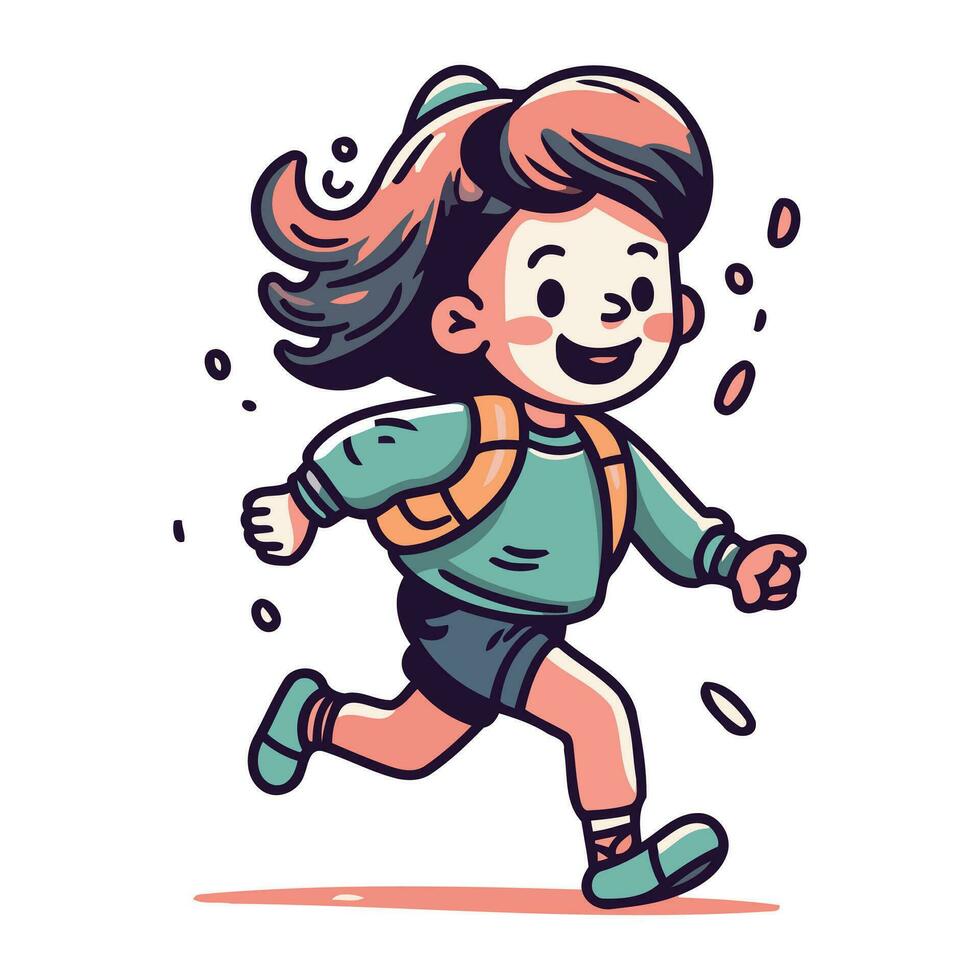 Cute little girl running. Vector illustration in cartoon comic style.