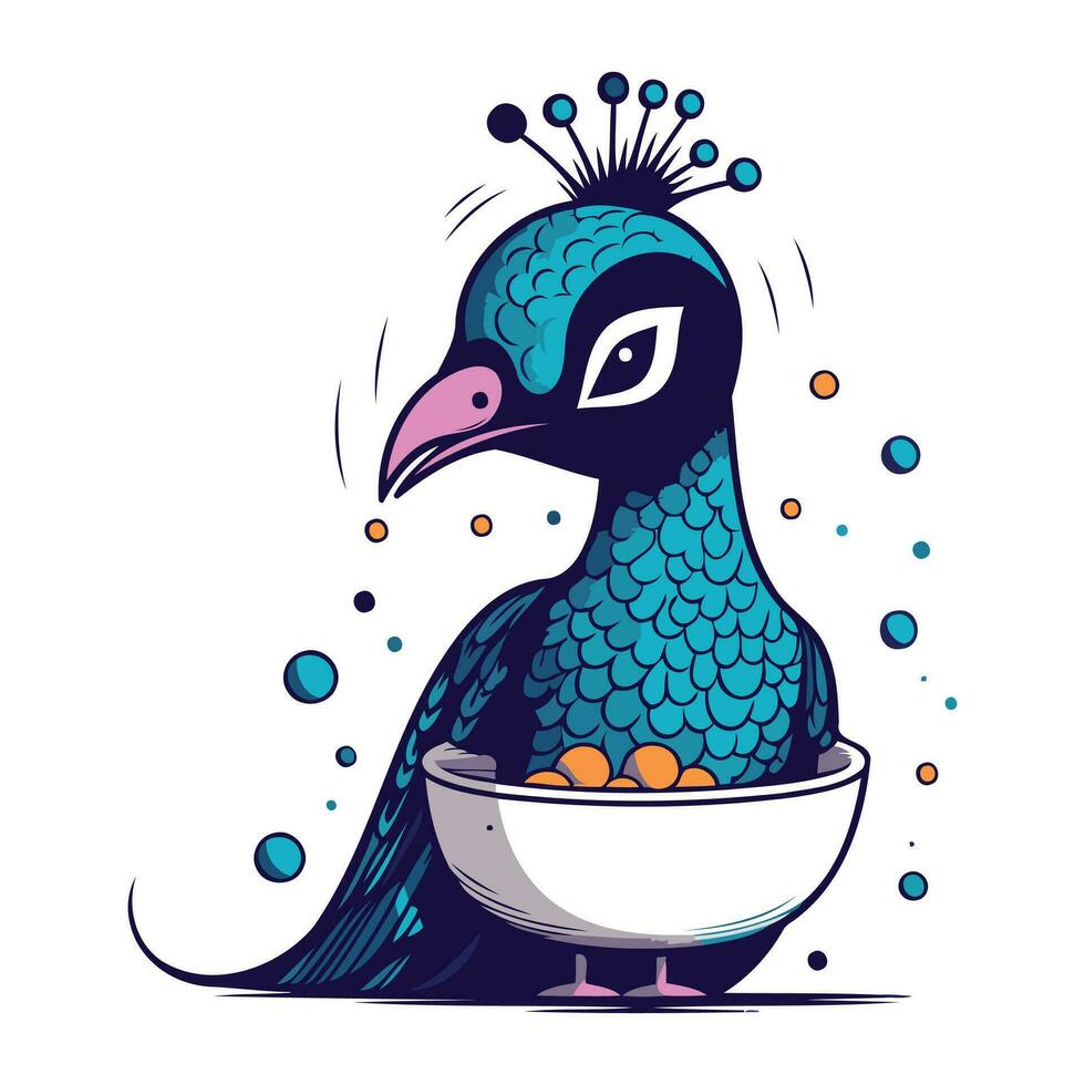 Cute cartoon peacock with bowl of food vector illustration graphic design