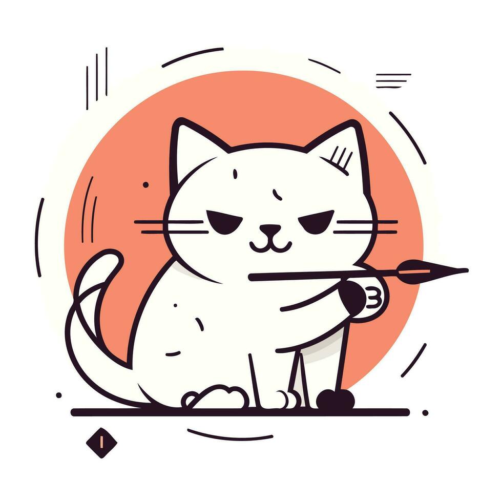 Cute cartoon cat with an arrow in his mouth. Vector illustration.