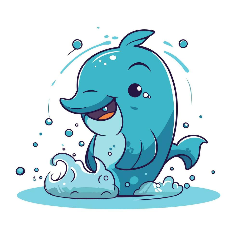 Vector illustration of cute cartoon dolphin swimming in the ocean. Cute cartoon whale.