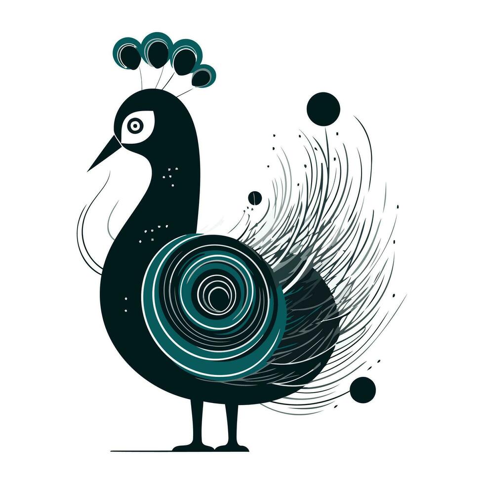 Peacock with a snail. Vector illustration on white background.