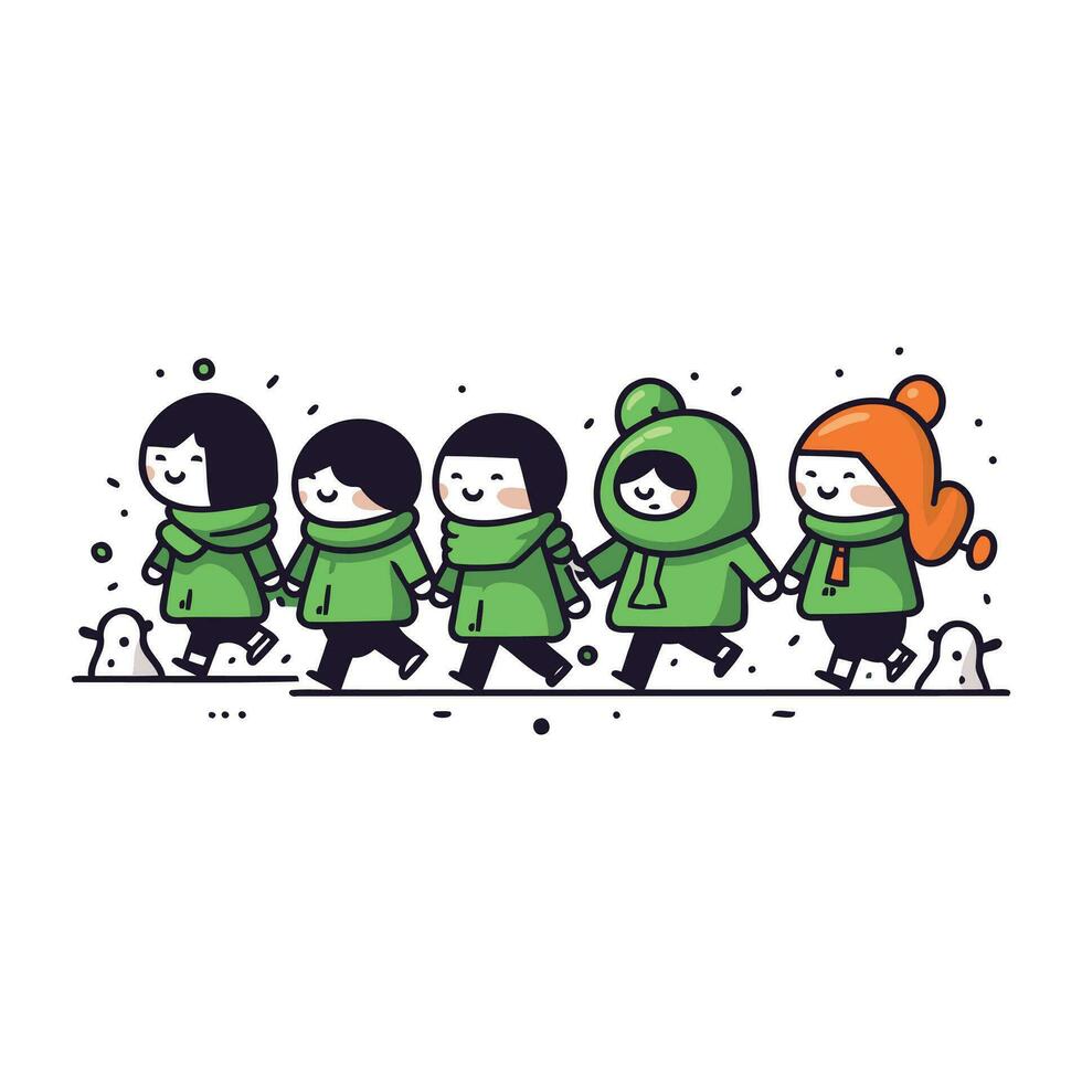 Cute kids running in winter clothes. Vector illustration in cartoon style.