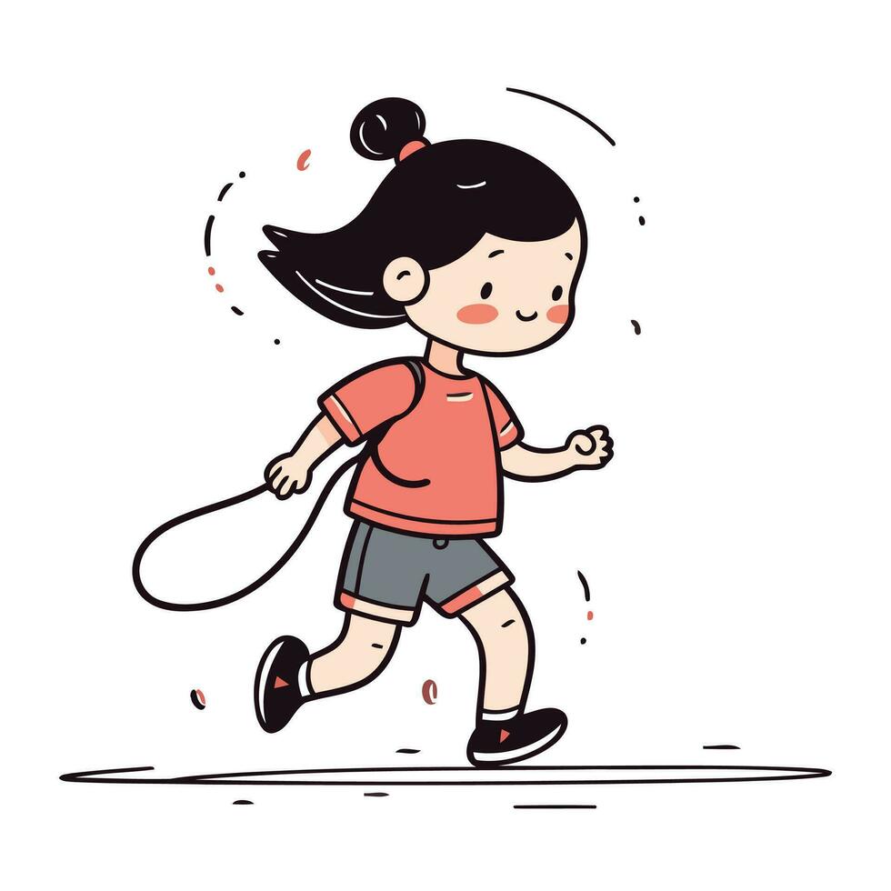 Cute little girl running with a skipping rope. Vector illustration.