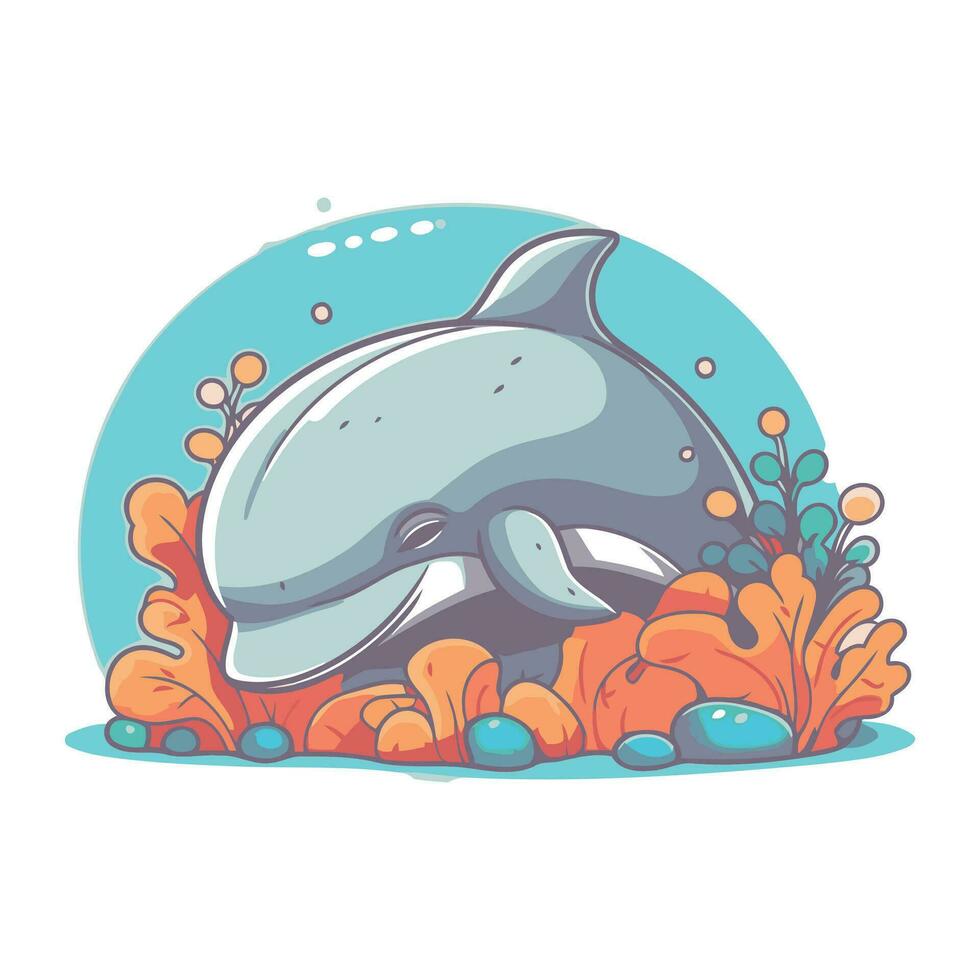 Cute cartoon whale in the sea. Vector illustration on white background.
