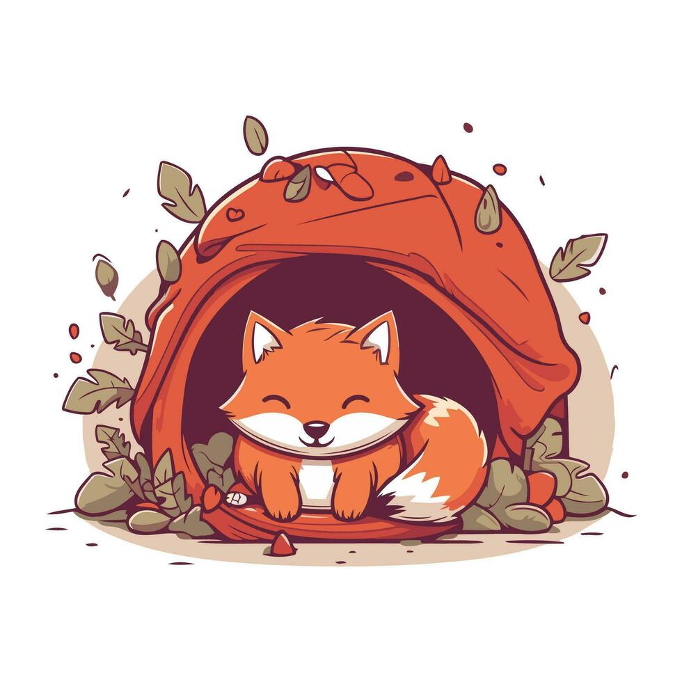 Cute fox in a dog house. Vector illustration of a cartoon animal.