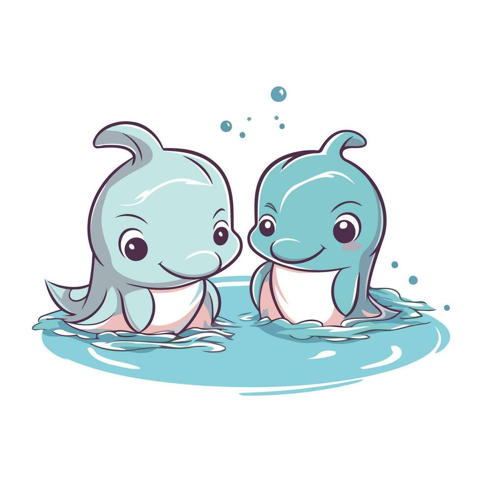 Cute cartoon dolphin couple swimming in the water. Vector illustration.