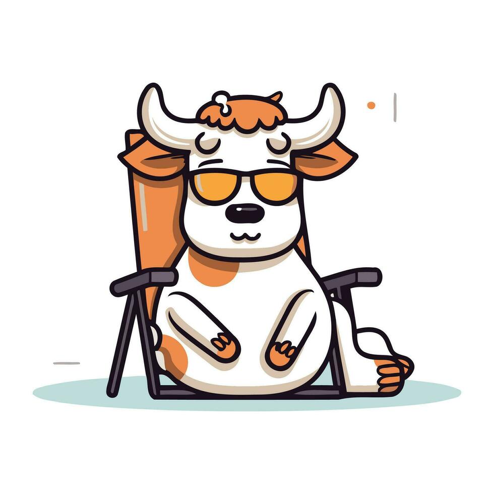 Cute cartoon cow with sunglasses sitting on chair. Vector illustration.