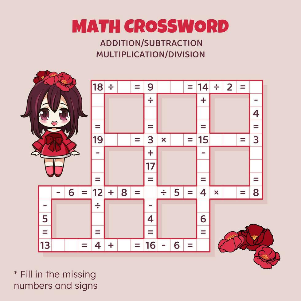 Math Crossword puzzle for children. Addition, subtraction, multiplication and division. Counting up to 20. Vector illustration. Game with cartoon anime girl. Task, education material for kids.