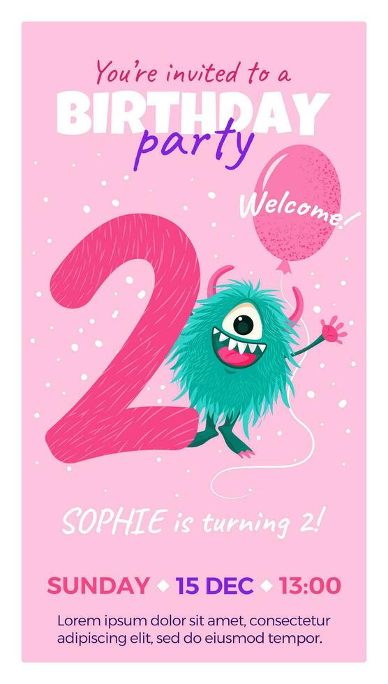 Second birthday party invitation with monster, number two, text and balloon. Happy birthday card in flat cartoon style. Vector illustration. All objects are isolated.