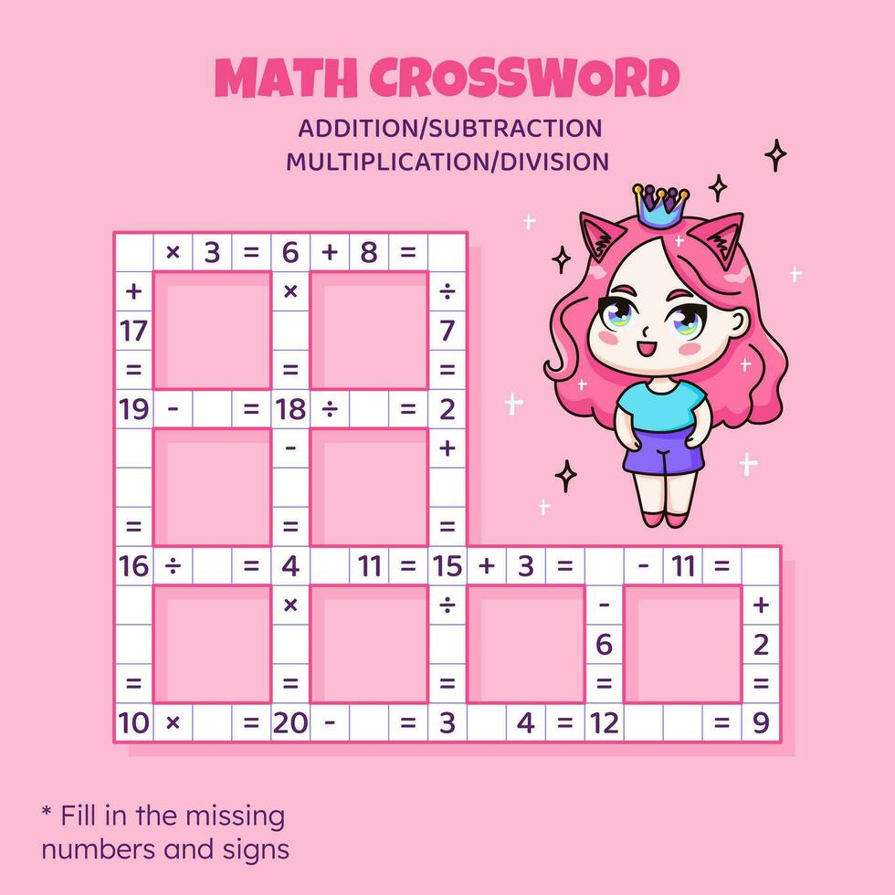 Math Crossword puzzle for children. Addition, subtraction, multiplication and division. Counting up to 20. Vector illustration. Game with cartoon anime girl. Task, education material for kids.